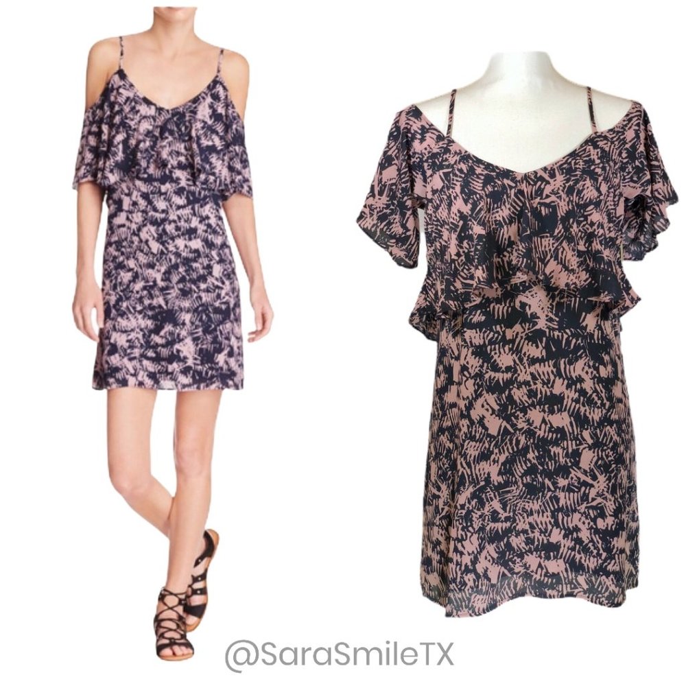 AQUA Navy Pink Palm Print Cold Shoulder Mini Summer Dress - NWT